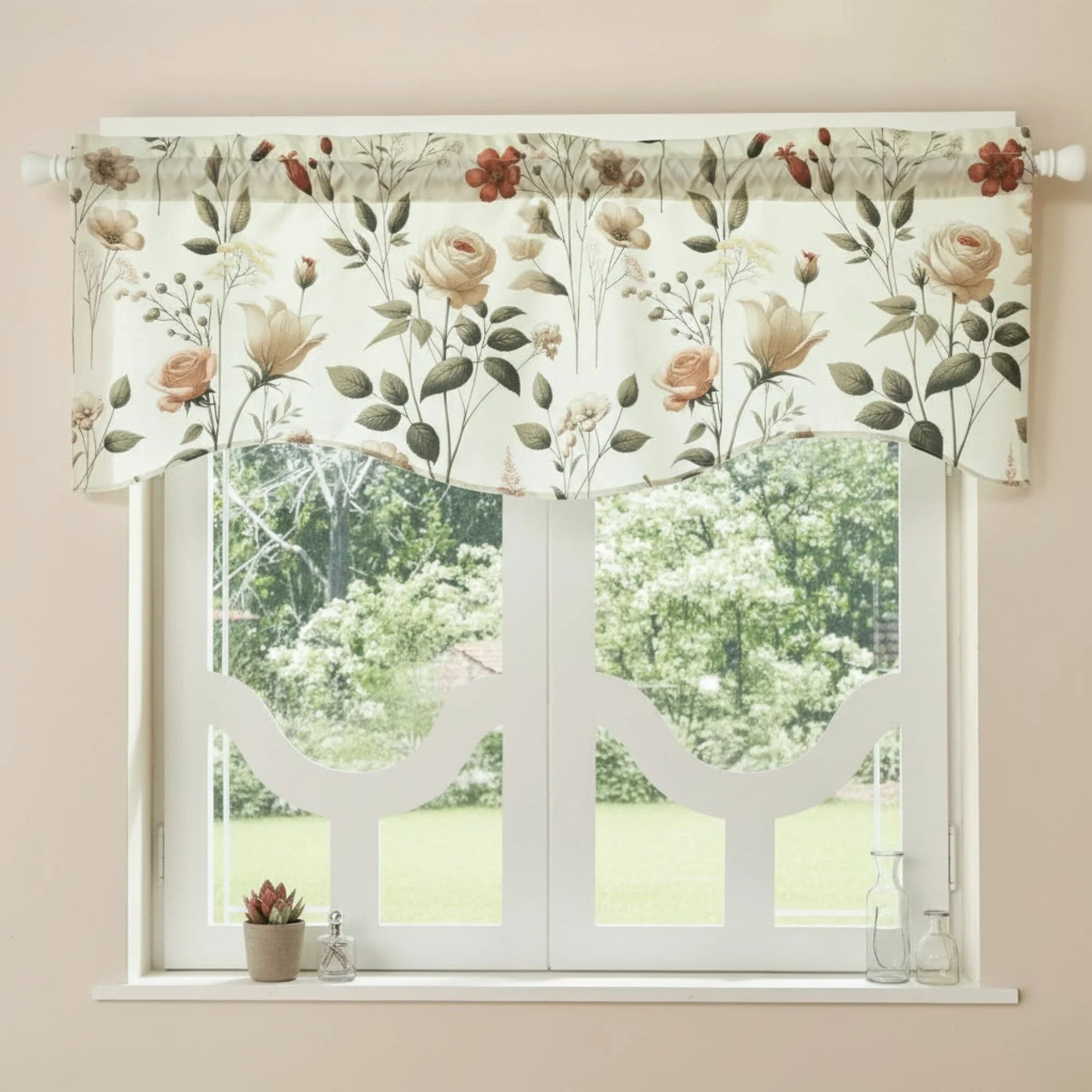 DaDa Bedding Collection Enchanted Meadow Semi-Sheer Valance - Floral Elegance in Beige, Rose, and Soft Green, Light Filtering See Through Microfiber, Rod Pocket Design, 18x52 Inches DaDalogy Bedding Collection