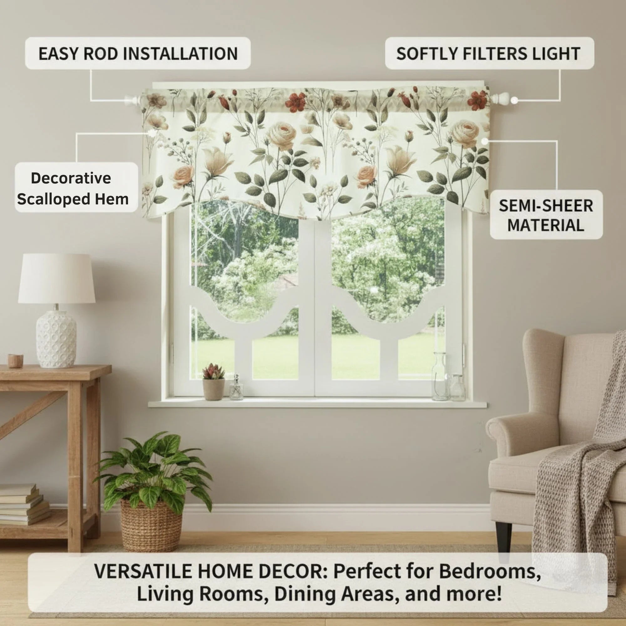 DaDa Bedding Collection Enchanted Meadow Semi-Sheer Valance - Floral Elegance in Beige, Rose, and Soft Green, Light Filtering See Through Microfiber, Rod Pocket Design, 18x52 Inches DaDalogy Bedding Collection