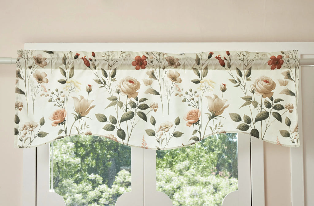 DaDa Bedding Collection Enchanted Meadow Semi-Sheer Valance - Floral Elegance in Beige, Rose, and Soft Green, Light Filtering See Through Microfiber, Rod Pocket Design, 18x52 Inches DaDalogy Bedding Collection