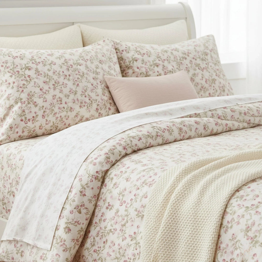 DaDa Bedding Collection Romantic Coquette Sheet Set - 100% Cotton [ Poplin Cotton ] Floral Fitted & Flat Sheets with Pillowcases - Deep Pocket Design - Soft, Breathable, Wrinkle-Resistant DaDalogy Bedding Collection