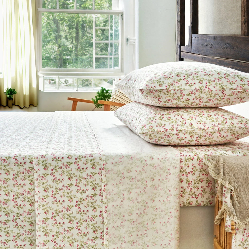 DaDa Bedding Collection Romantic Coquette Sheet Set - 100% Cotton [ Poplin Cotton ] Floral Fitted & Flat Sheets with Pillowcases - Deep Pocket Design - Soft, Breathable, Wrinkle-Resistant DaDalogy Bedding Collection