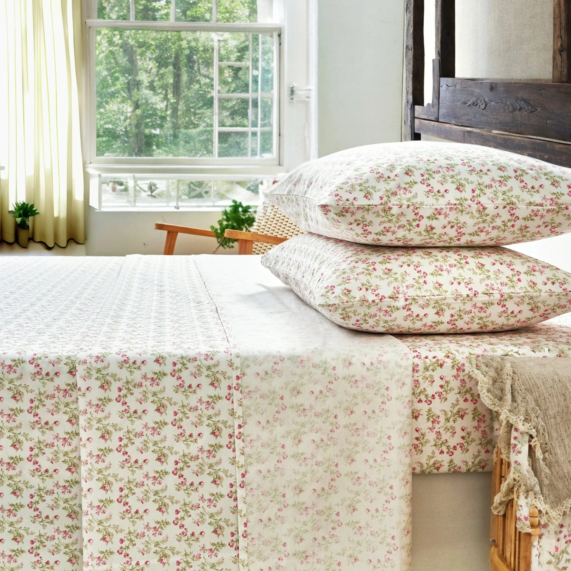 DaDa Bedding Collection Romantic Coquette Sheet Set - 100% Cotton [ Poplin Cotton ] Floral Fitted & Flat Sheets with Pillowcases - Deep Pocket Design - Soft, Breathable, Wrinkle-Resistant DaDalogy Bedding Collection