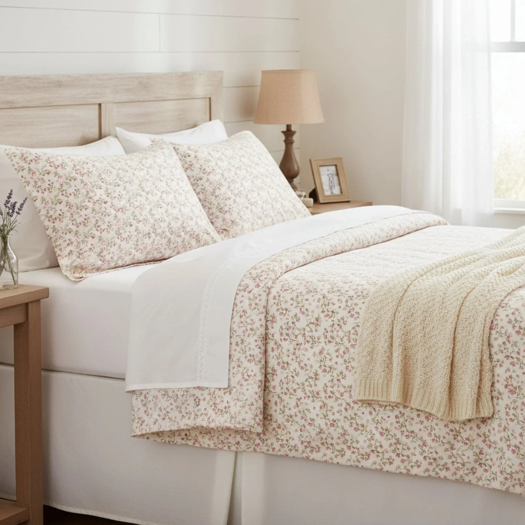 DaDa Bedding Collection Romantic Coquette Sheet Set - 100% Cotton [ Poplin Cotton ] Floral Fitted & Flat Sheets with Pillowcases - Deep Pocket Design - Soft, Breathable, Wrinkle-Resistant DaDalogy Bedding Collection