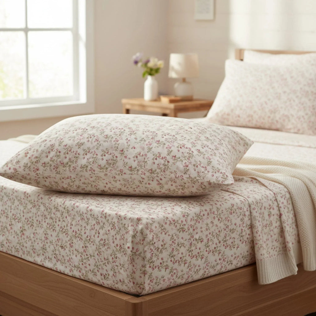 DaDa Bedding Collection Romantic Coquette Sheet Set - 100% Cotton [ Poplin Cotton ] Floral Fitted & Flat Sheets with Pillowcases - Deep Pocket Design - Soft, Breathable, Wrinkle-Resistant DaDalogy Bedding Collection