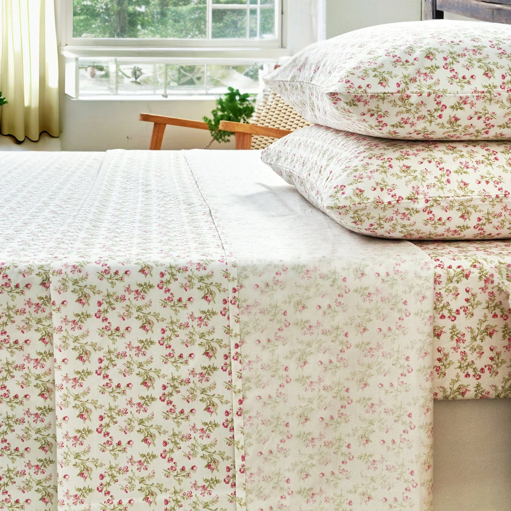 DaDa Bedding Collection Romantic Coquette Sheet Set - 100% Cotton [ Poplin Cotton ] Floral Fitted & Flat Sheets with Pillowcases - Deep Pocket Design - Soft, Breathable, Wrinkle-Resistant DaDalogy Bedding Collection