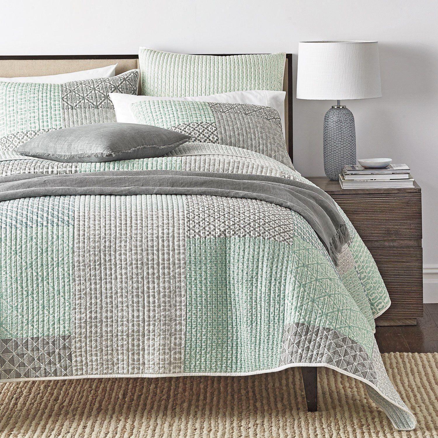 DaDa Bedding Contemporary Mint Green Grey Geometric Cotton Quilted Bedspread Set (JHW-804) DaDalogy Bedding Collection