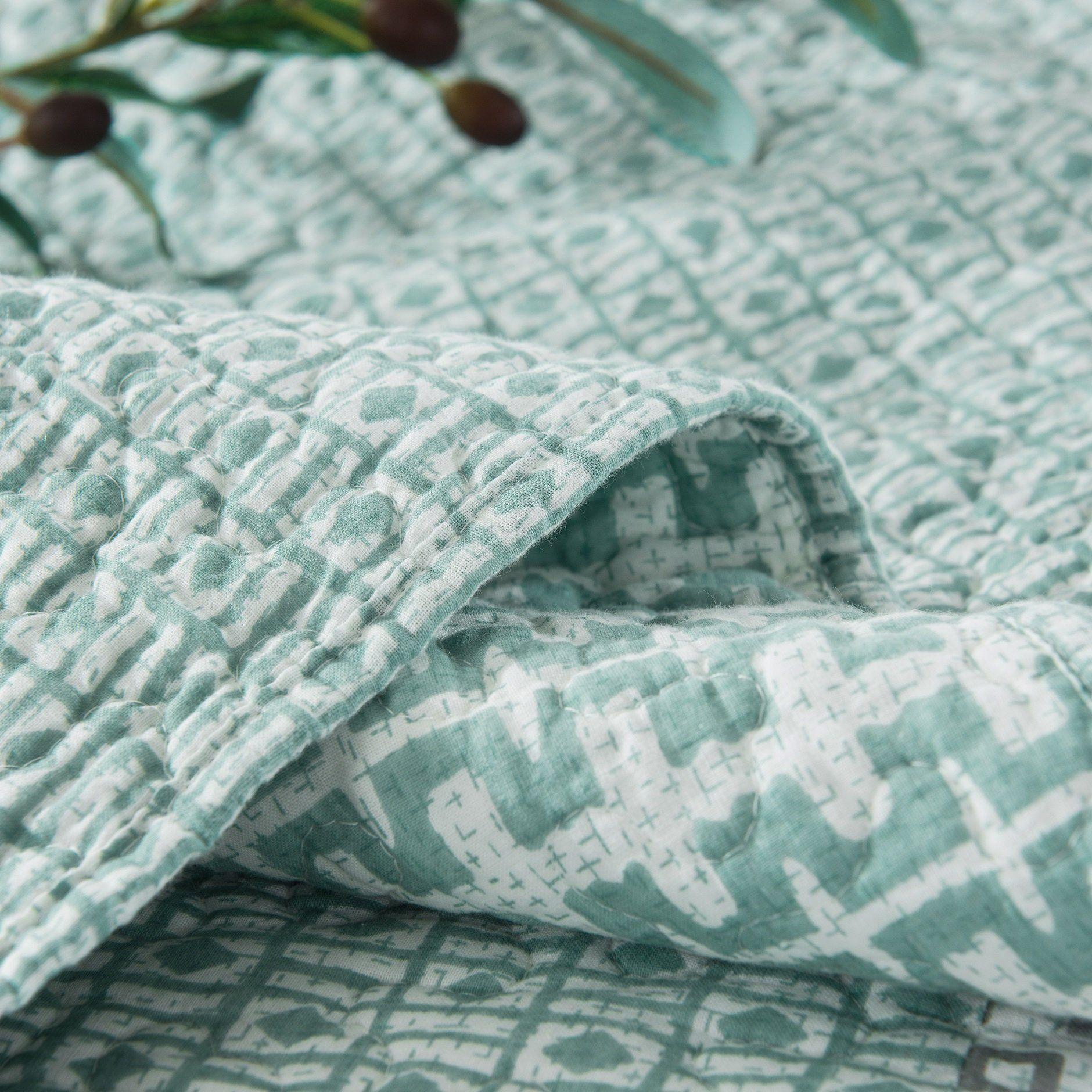 DaDa Bedding Contemporary Mint Green Grey Geometric Cotton Quilted Bedspread Set (JHW-804) DaDalogy Bedding Collection