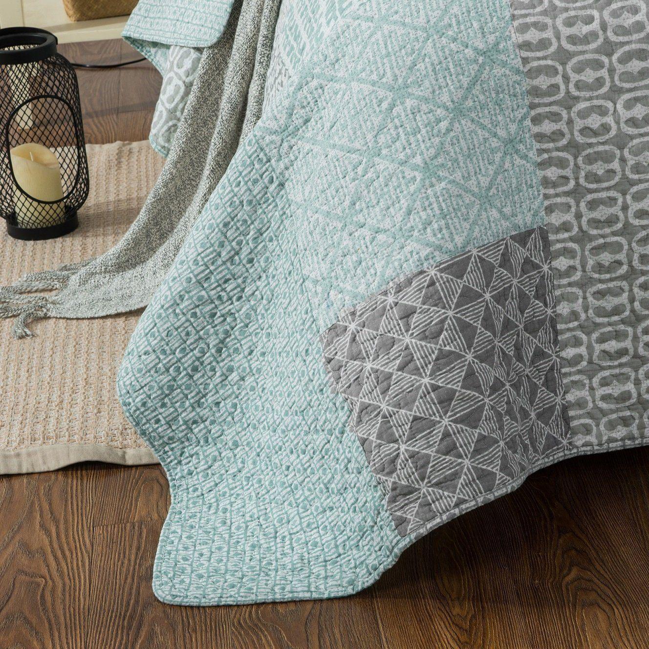 DaDa Bedding Contemporary Mint Green Grey Geometric Cotton Quilted Bedspread Set (JHW-804) DaDalogy Bedding Collection