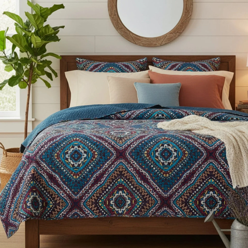 DaDa Bedding Farmhouse Bohemian Native Rustic Navy Blue Geometric Diamond Shapes Bedspread Set (KSX-001) DaDalogy Bedding Collection