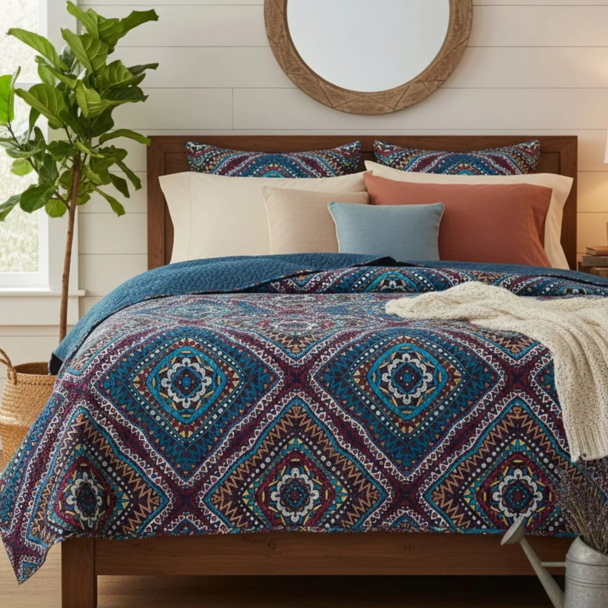 DaDa Bedding Farmhouse Bohemian Native Rustic Navy Blue Geometric Diamond Shapes Bedspread Set (KSX-001) DaDalogy Bedding Collection