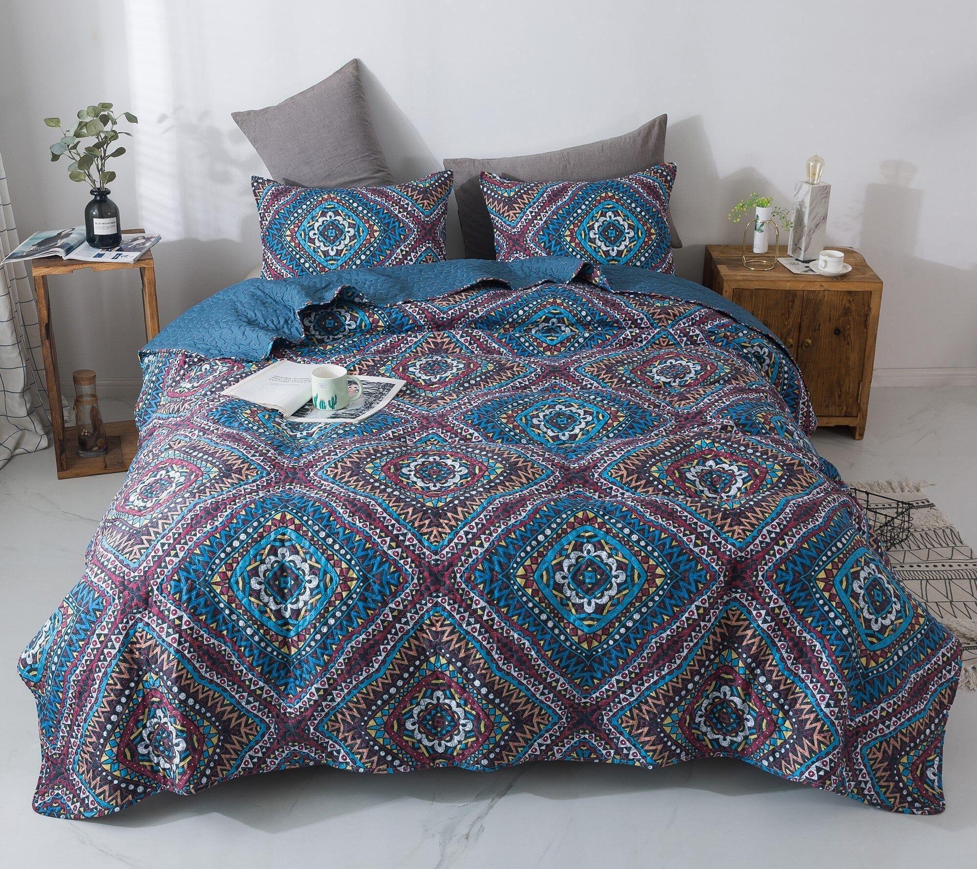 DaDa Bedding Farmhouse Bohemian Native Rustic Navy Blue Geometric Diamond Shapes Bedspread Set (KSX-001) DaDalogy Bedding Collection