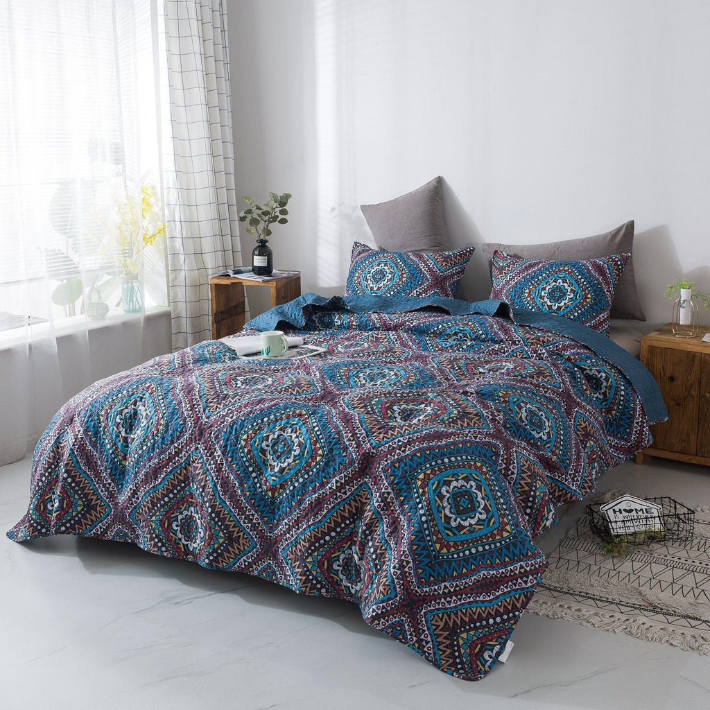 DaDa Bedding Farmhouse Bohemian Native Rustic Navy Blue Geometric Diamond Shapes Bedspread Set (KSX-001) DaDalogy Bedding Collection