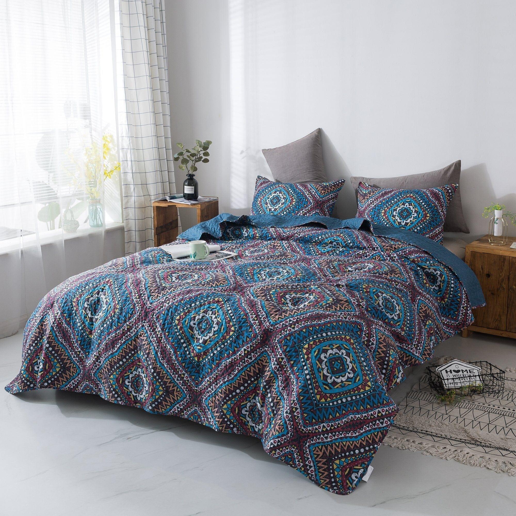 DaDa Bedding Farmhouse Bohemian Native Rustic Navy Blue Geometric Diamond Shapes Bedspread Set (KSX-001) DaDalogy Bedding Collection