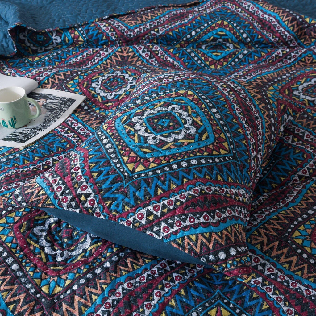 DaDa Bedding Farmhouse Bohemian Native Rustic Navy Blue Geometric Diamond Shapes Bedspread Set (KSX-001) DaDalogy Bedding Collection