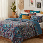 DaDa Bedding Farmhouse Bohemian Native Rustic Navy Blue Geometric Diamond Shapes Bedspread Set (KSX-001) DaDalogy Bedding Collection