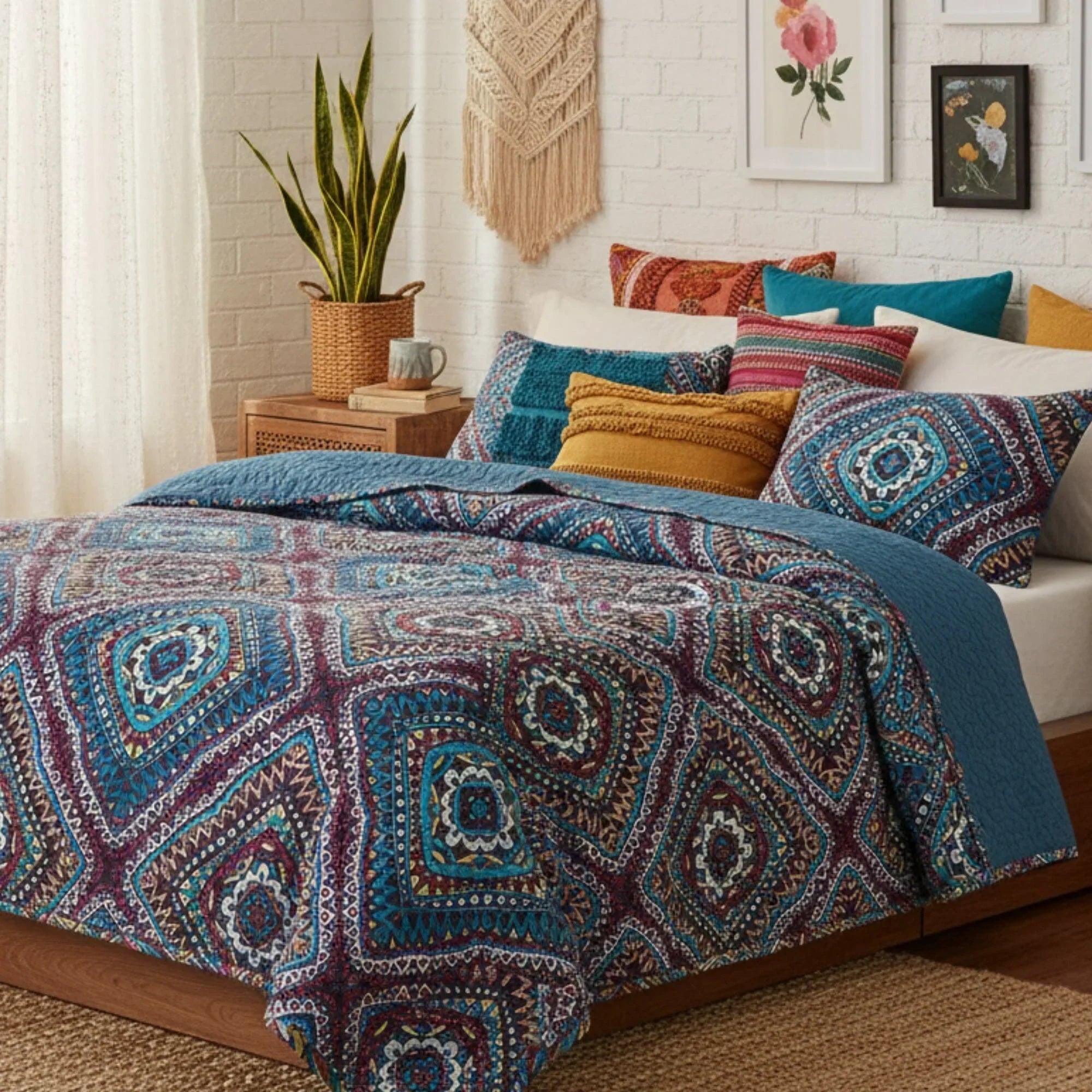 DaDa Bedding Farmhouse Bohemian Native Rustic Navy Blue Geometric Diamond Shapes Bedspread Set (KSX-001) DaDalogy Bedding Collection