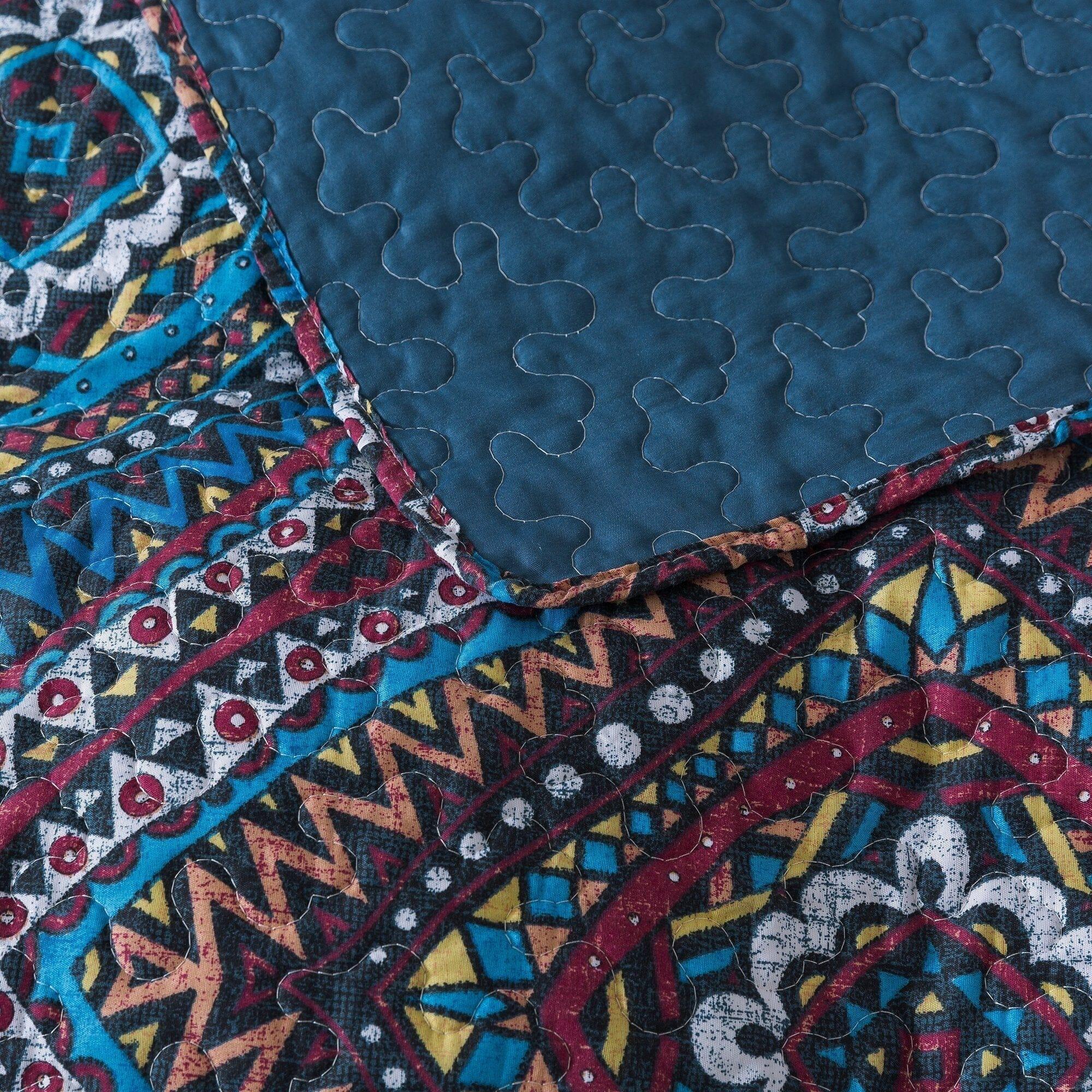 DaDa Bedding Farmhouse Bohemian Native Rustic Navy Blue Geometric Diamond Shapes Bedspread Set (KSX-001) DaDalogy Bedding Collection