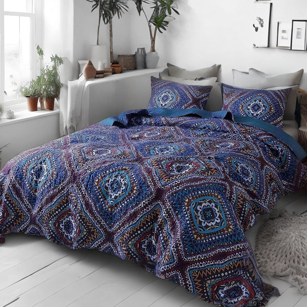 DaDa Bedding Farmhouse Bohemian Native Rustic Navy Blue Geometric Diamond Shapes Bedspread Set (KSX-001) DaDalogy Bedding Collection