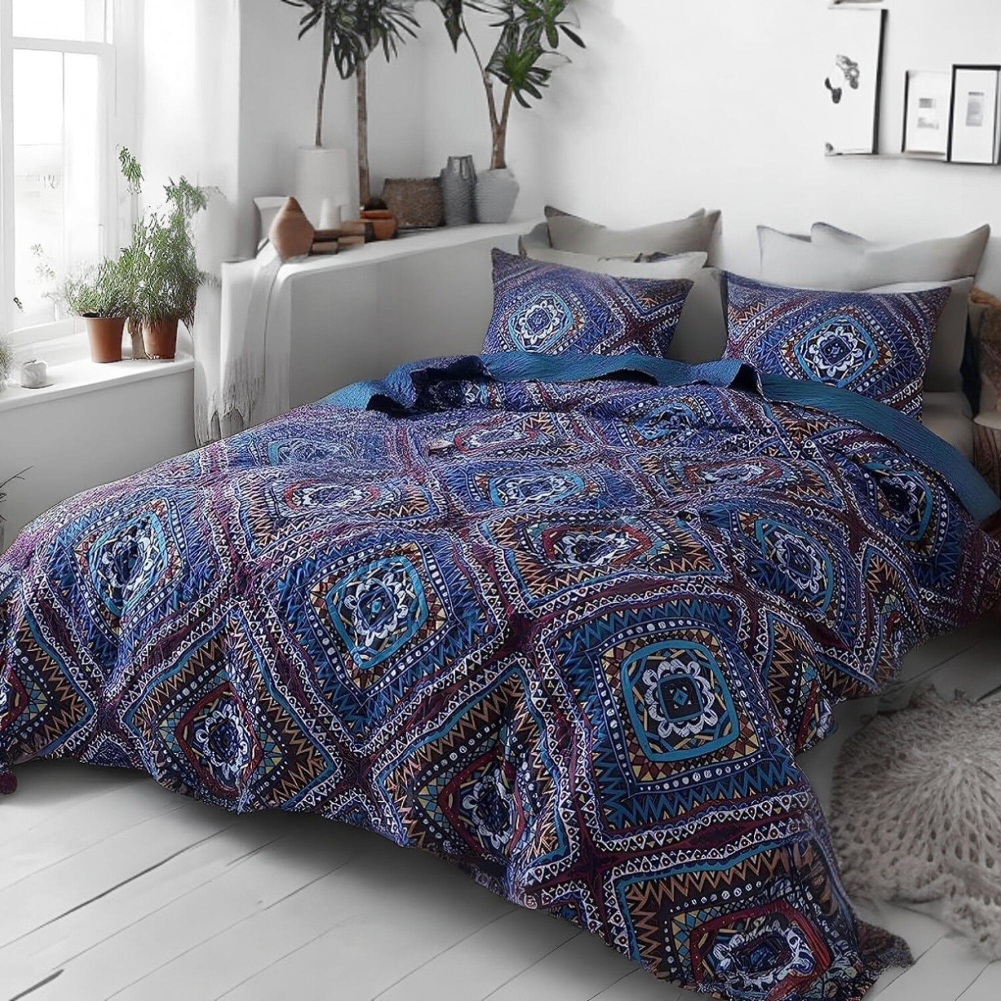 DaDa Bedding Farmhouse Bohemian Native Rustic Navy Blue Geometric Diamond Shapes Bedspread Set (KSX-001) DaDalogy Bedding Collection