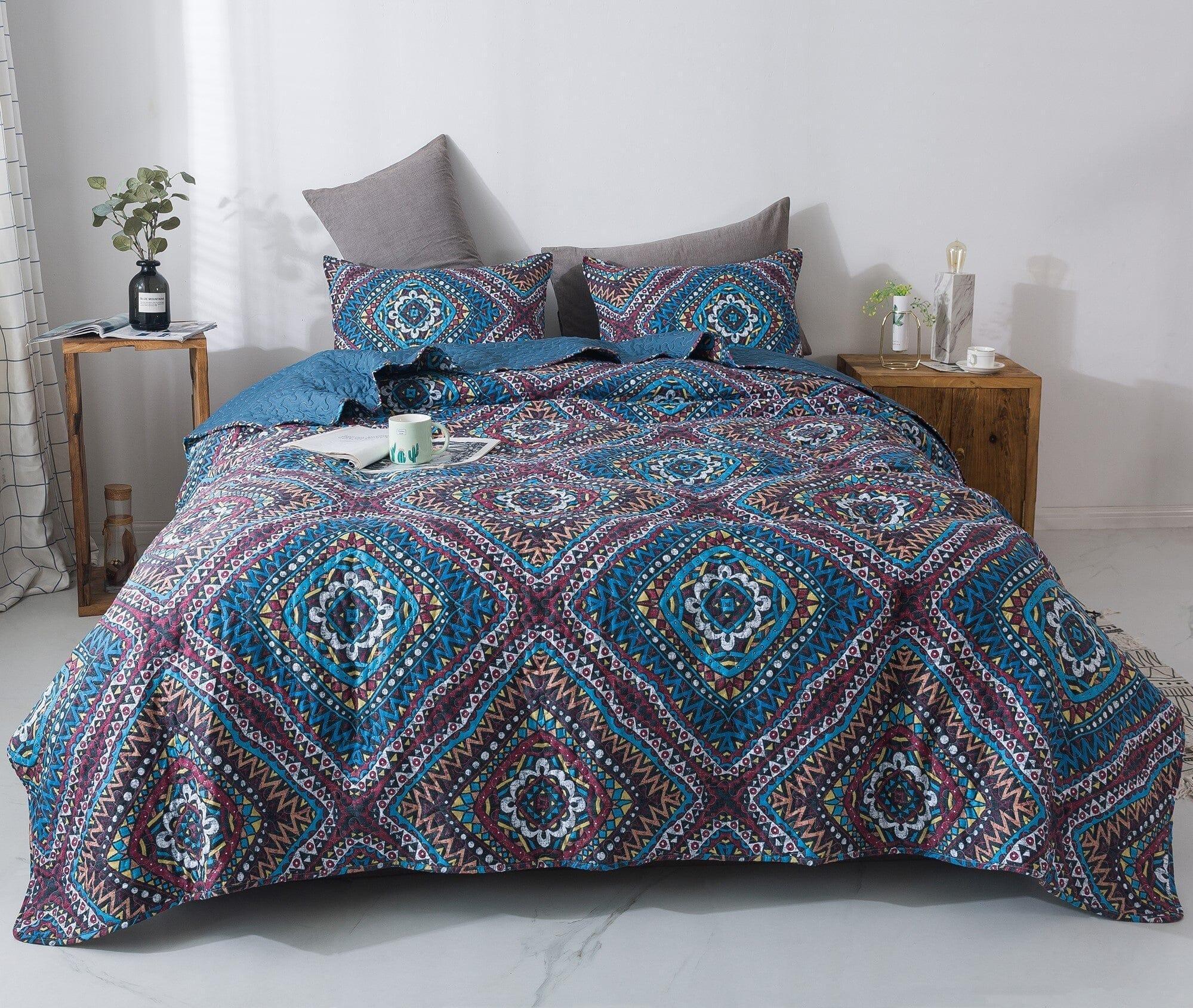 DaDa Bedding Farmhouse Bohemian Native Rustic Navy Blue Geometric Diamond Shapes Bedspread Set (KSX-001) DaDalogy Bedding Collection