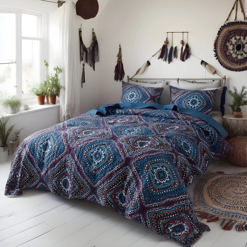 DaDa Bedding Farmhouse Bohemian Native Rustic Navy Blue Geometric Diamond Shapes Bedspread Set (KSX-001) DaDalogy Bedding Collection