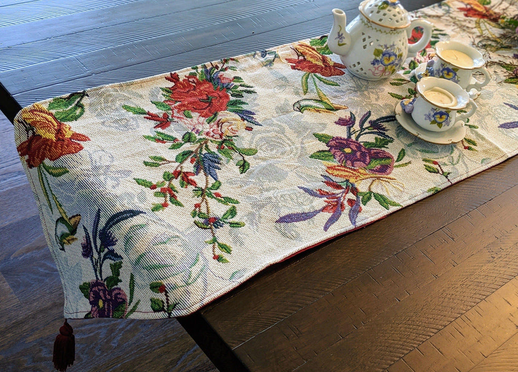 DaDa Bedding Floral Roses Tropical Paradise Birds Woven Tapestry Dining Table Runner (18116) DaDalogy Bedding Collection