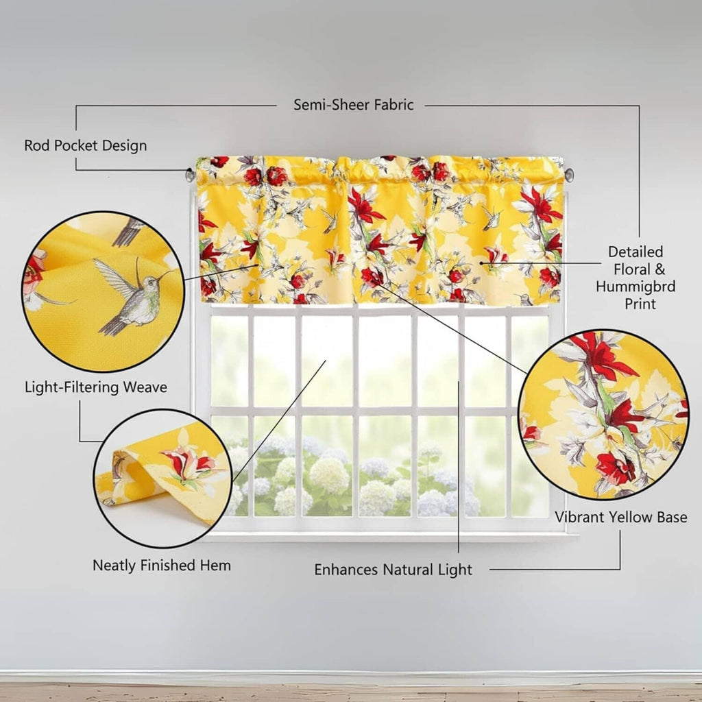 DaDa Bedding Floral Sunshine Yellow Hummingbirds Window Curtain Valance - 18" x 52" (JHW-925) DaDalogy Bedding Collection