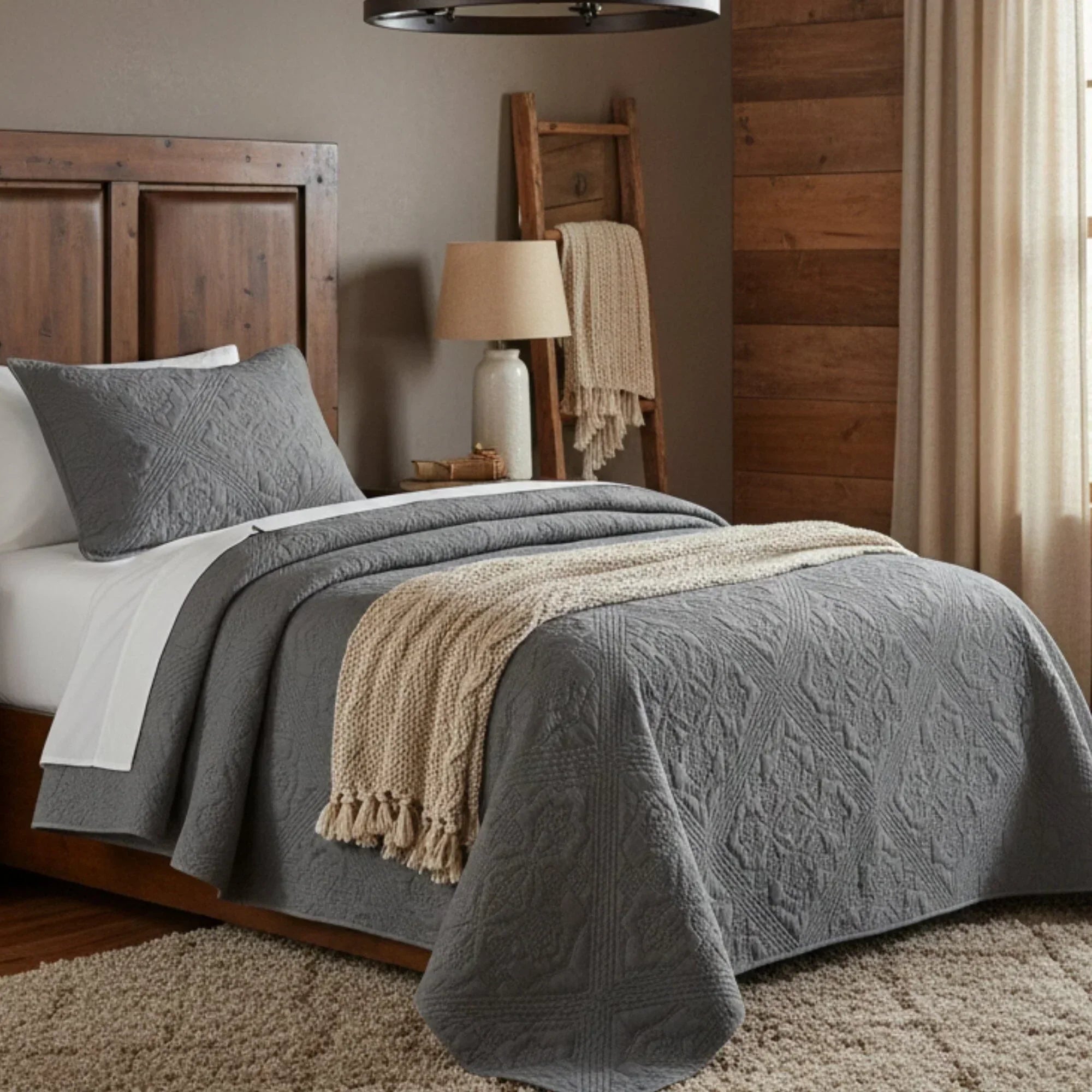 DaDa Bedding Floral Vintage Stone Wash Grey Matelassé Ash Silver Diamond Pattern Quilted Bedspread Set (JHW855) DaDalogy Bedding Collection