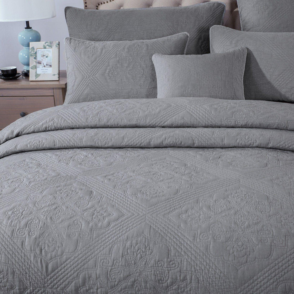 DaDa Bedding Floral Vintage Stone Wash Grey Matelassé Ash Silver Diamond Pattern Quilted Bedspread Set (JHW855) DaDalogy Bedding Collection