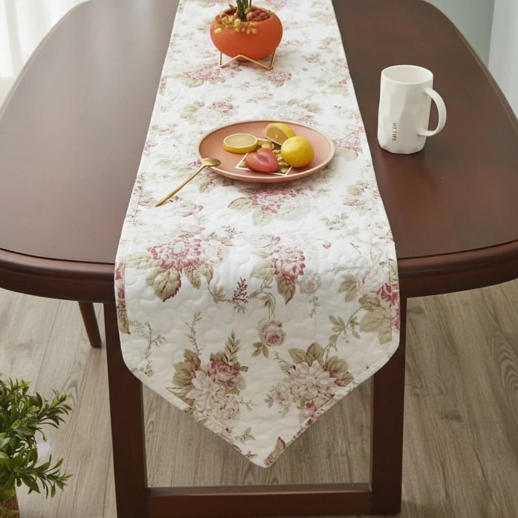 DaDa Bedding Hint of Mint Cottage Floral Roses Quilted Cotton Dining Table Runner (3036) DaDalogy Bedding Collection