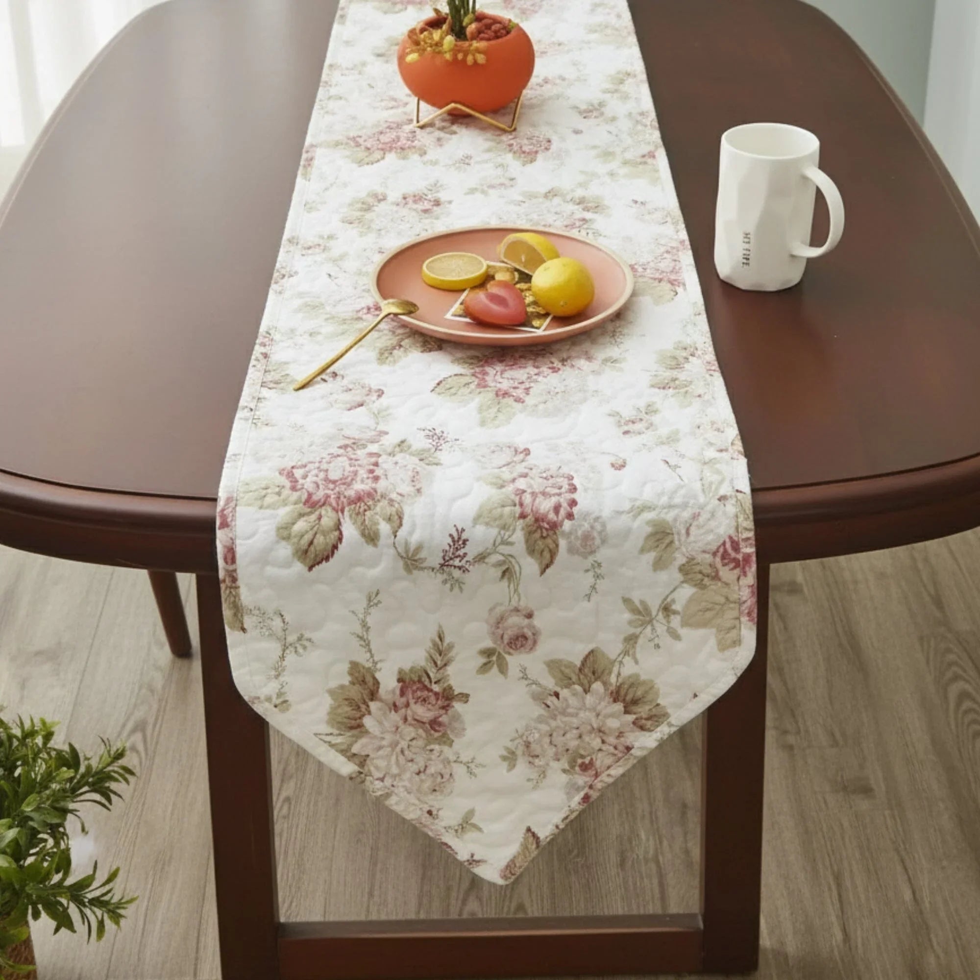 DaDa Bedding Hint of Mint Cottage Floral Roses Quilted Cotton Dining Table Runner (3036) DaDalogy Bedding Collection