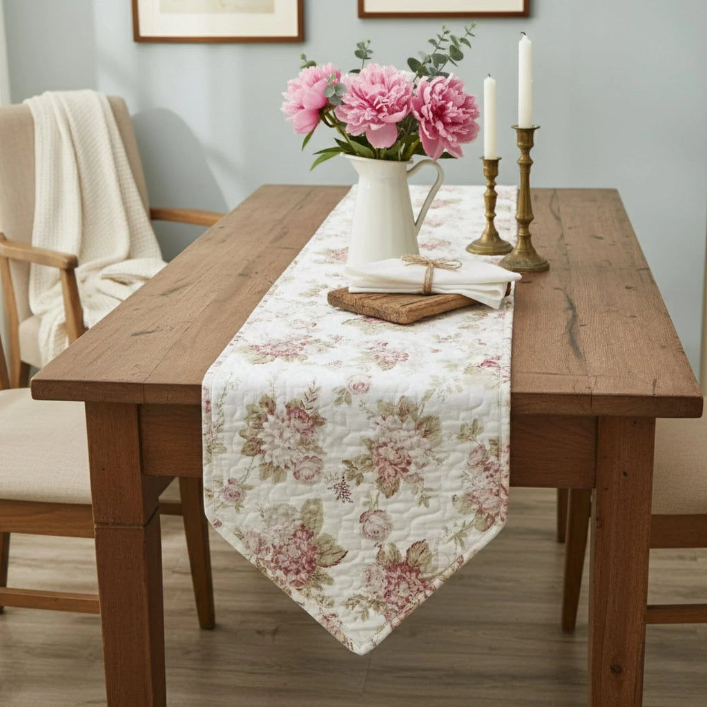 DaDa Bedding Hint of Mint Cottage Floral Roses Quilted Cotton Dining Table Runner (3036) DaDalogy Bedding Collection