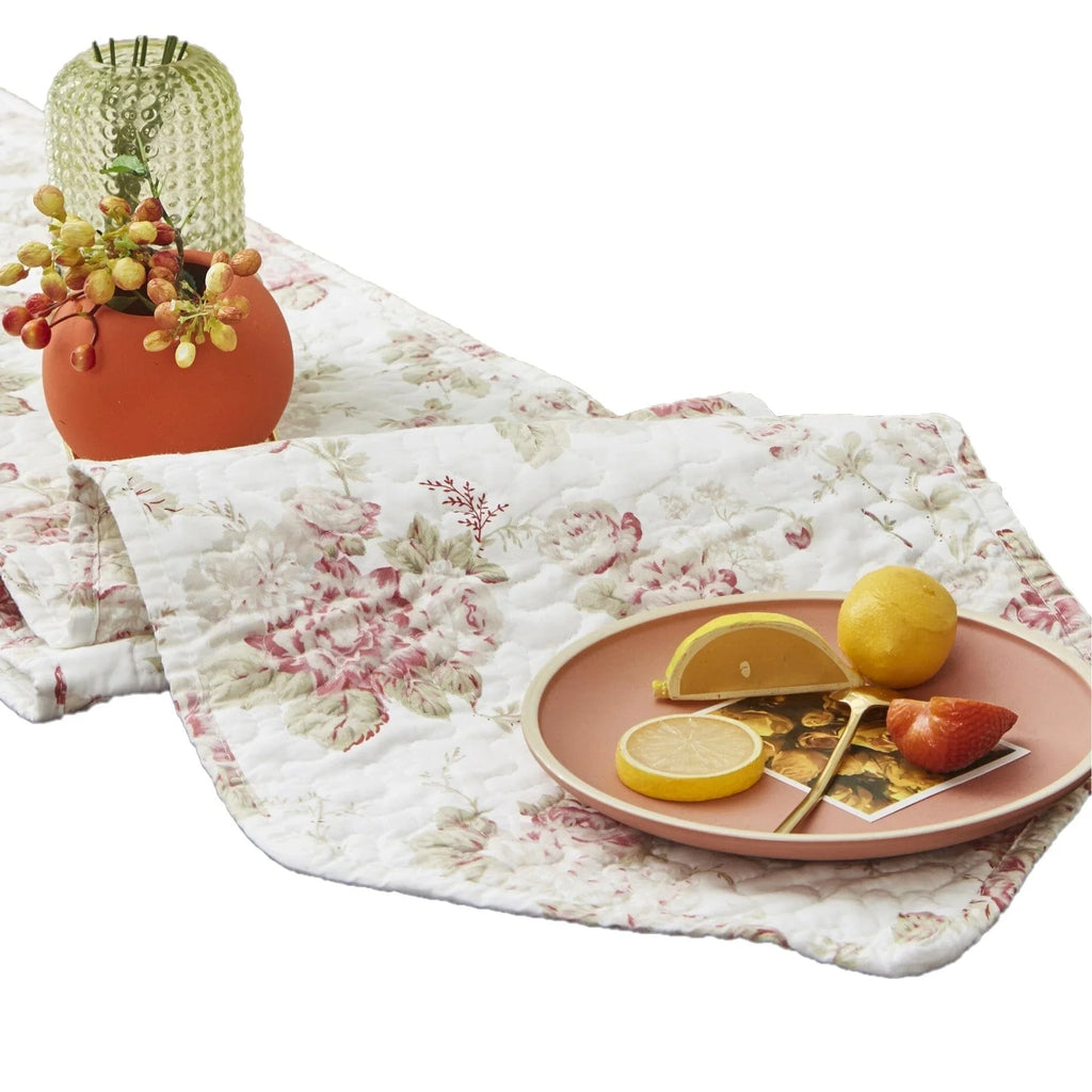 DaDa Bedding Hint of Mint Cottage Floral Roses Quilted Cotton Dining Table Runner (3036) DaDalogy Bedding Collection