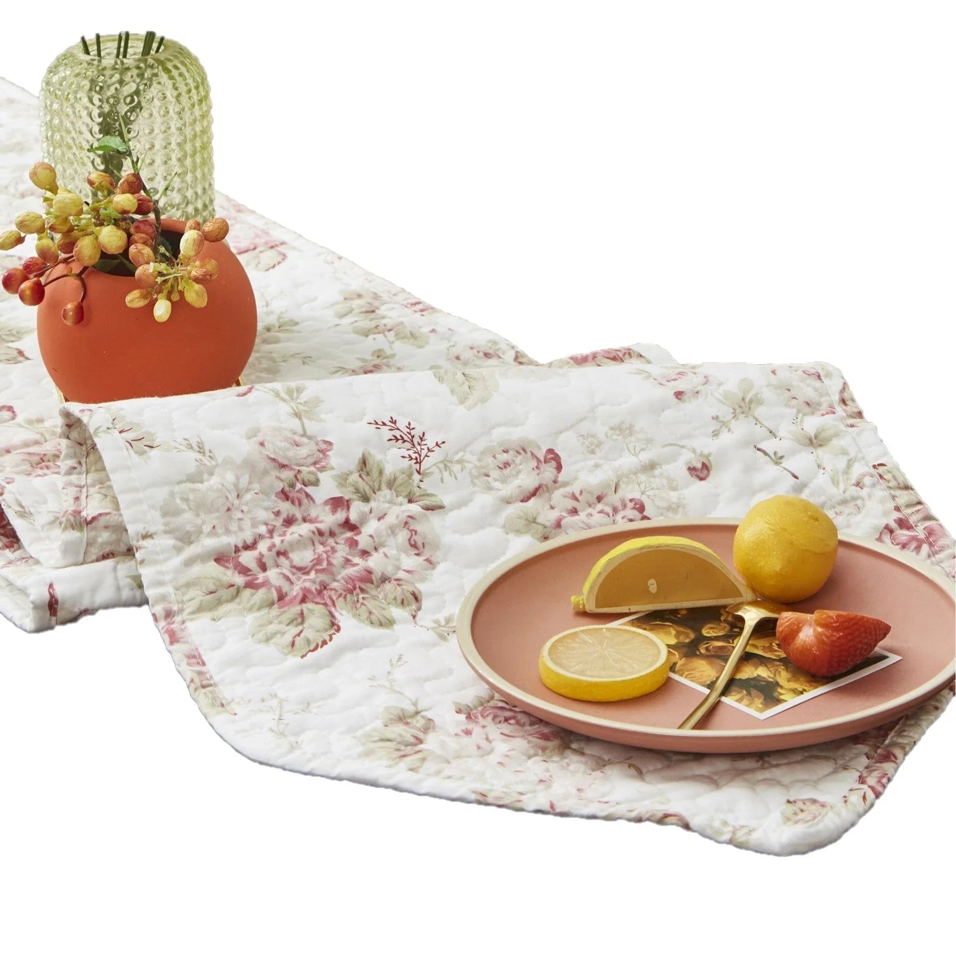 DaDa Bedding Hint of Mint Cottage Floral Roses Quilted Cotton Dining Table Runner (3036) DaDalogy Bedding Collection