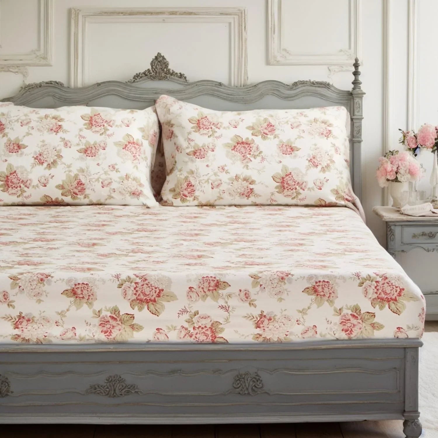 DaDa Bedding Hint of Mint Dainty Cottage Floral Roses Cotton Fitted Sheet w/ Pillow Case (3036) DaDalogy Bedding Collection