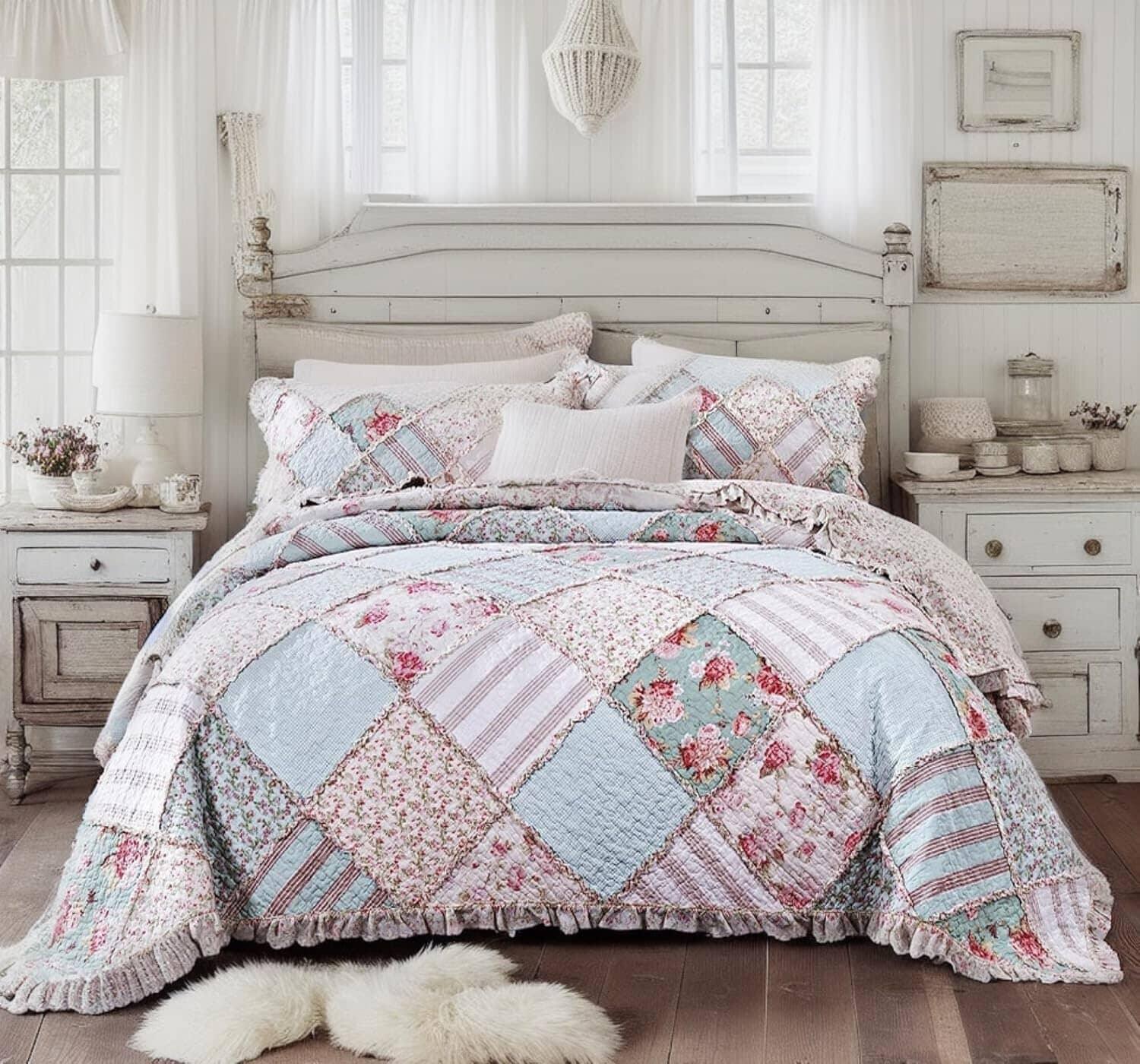 DaDa Bedding Hint of Mint Floral Pastel Cotton Patchwork Ruffle Bedspread Set (JHW-3036) DaDalogy Bedding Collection