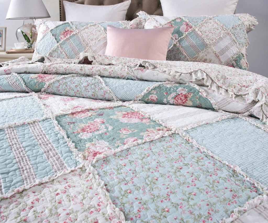 DaDa Bedding Hint of Mint Floral Pastel Cotton Patchwork Ruffle Bedspread Set (JHW-3036) DaDalogy Bedding Collection