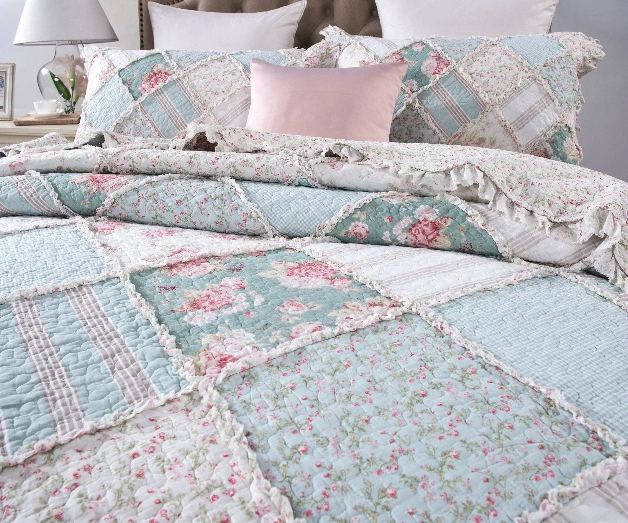 DaDa Bedding Hint of Mint Floral Pastel Cotton Patchwork Ruffle Bedspread Set (JHW-3036) DaDalogy Bedding Collection