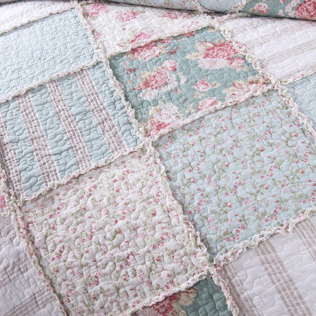 DaDa Bedding Hint of Mint Floral Pastel Cotton Patchwork Ruffle Bedspread Set (JHW-3036) DaDalogy Bedding Collection