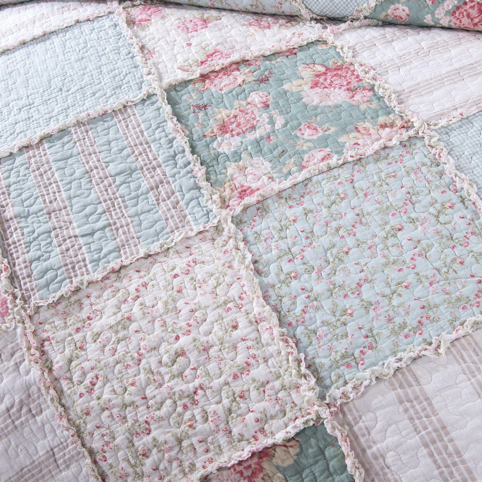 DaDa Bedding Hint of Mint Floral Pastel Cotton Patchwork Ruffle Bedspread Set (JHW-3036) DaDalogy Bedding Collection