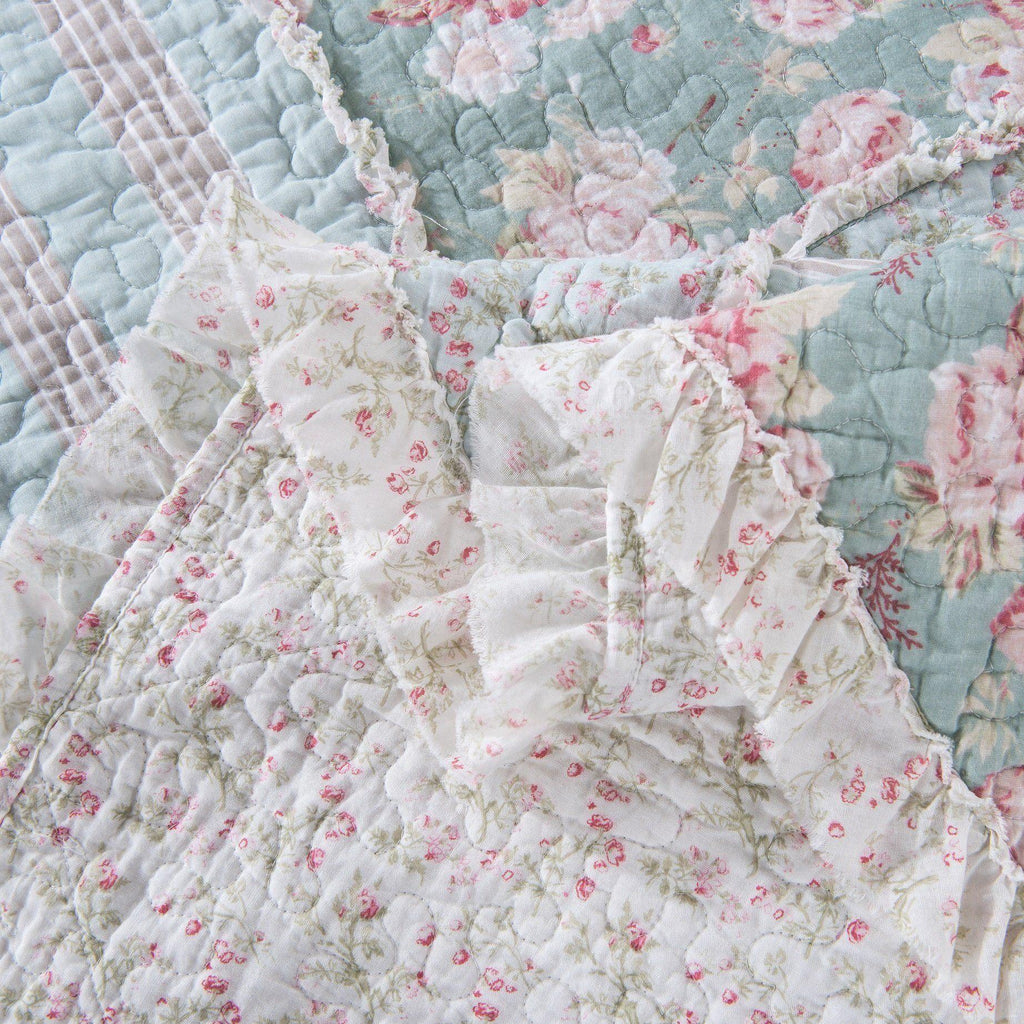 DaDa Bedding Hint of Mint Floral Pastel Cotton Patchwork Ruffle Bedspread Set (JHW-3036) DaDalogy Bedding Collection