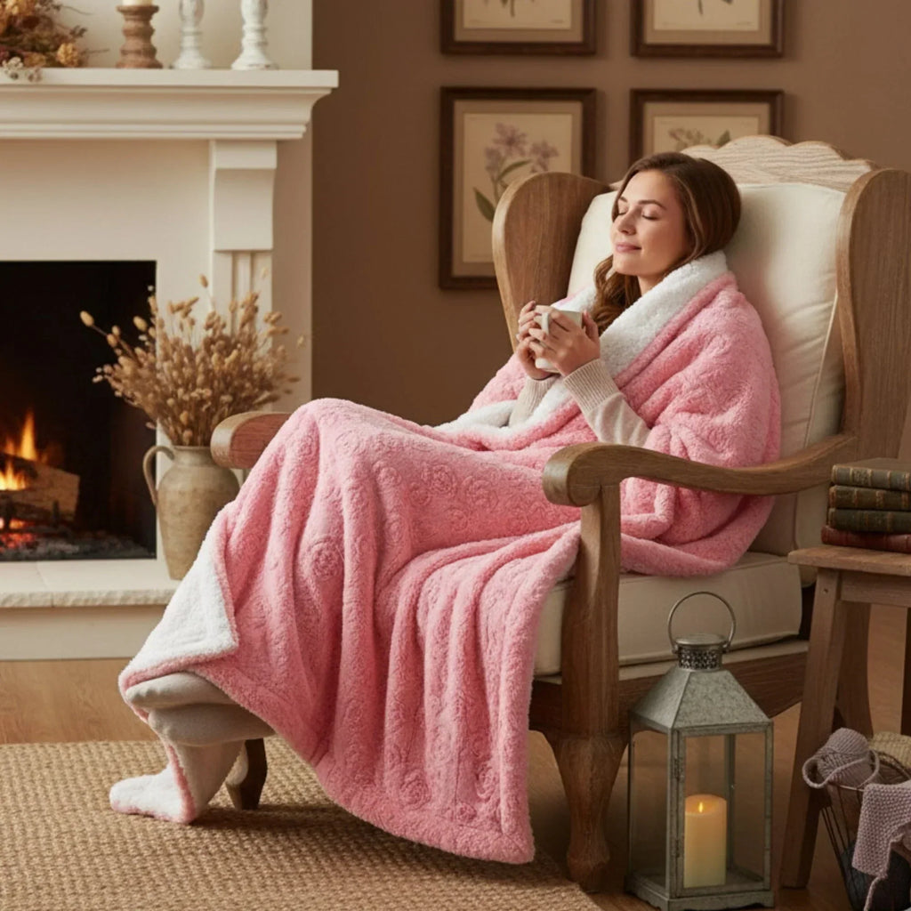Dada Bedding Luxury Blossom Pink Rose Buds Pink Sherpa Backside Faux Fur Throw Blanket (bl-171752), back... - House Of Avana