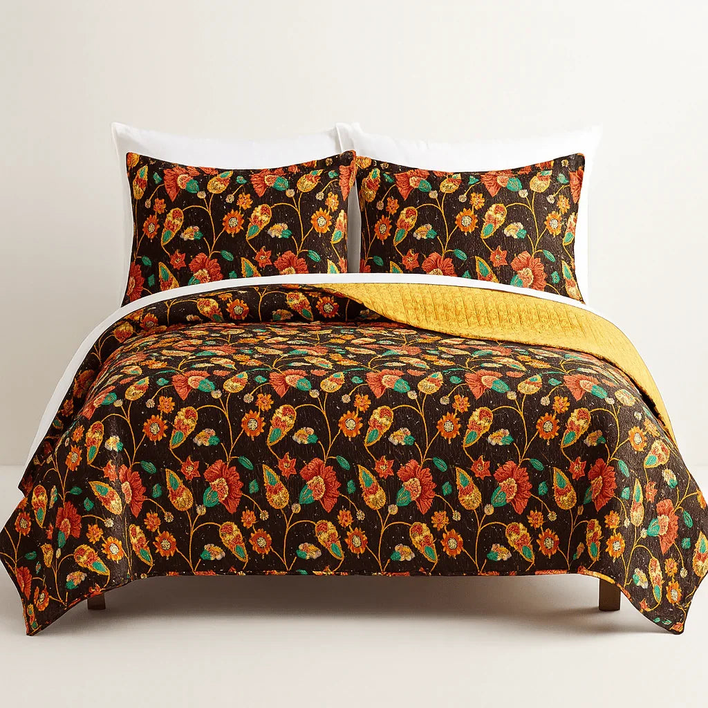 DaDa Bedding Marigold’s Floral Brown Yellow Botanical Garden Quilted Bedspread Set (HS-3330) DaDalogy Bedding Collection