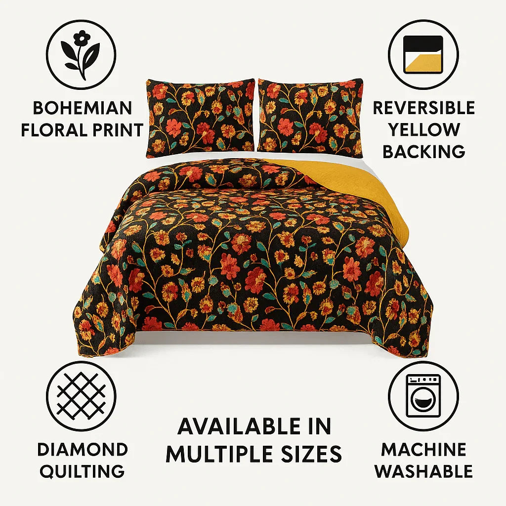 DaDa Bedding Marigold’s Floral Brown Yellow Botanical Garden Quilted Bedspread Set (HS-3330) DaDalogy Bedding Collection
