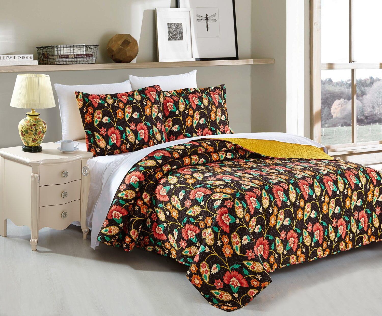 DaDa Bedding Marigold’s Floral Brown Yellow Botanical Garden Quilted Bedspread Set (HS-3330) DaDalogy Bedding Collection