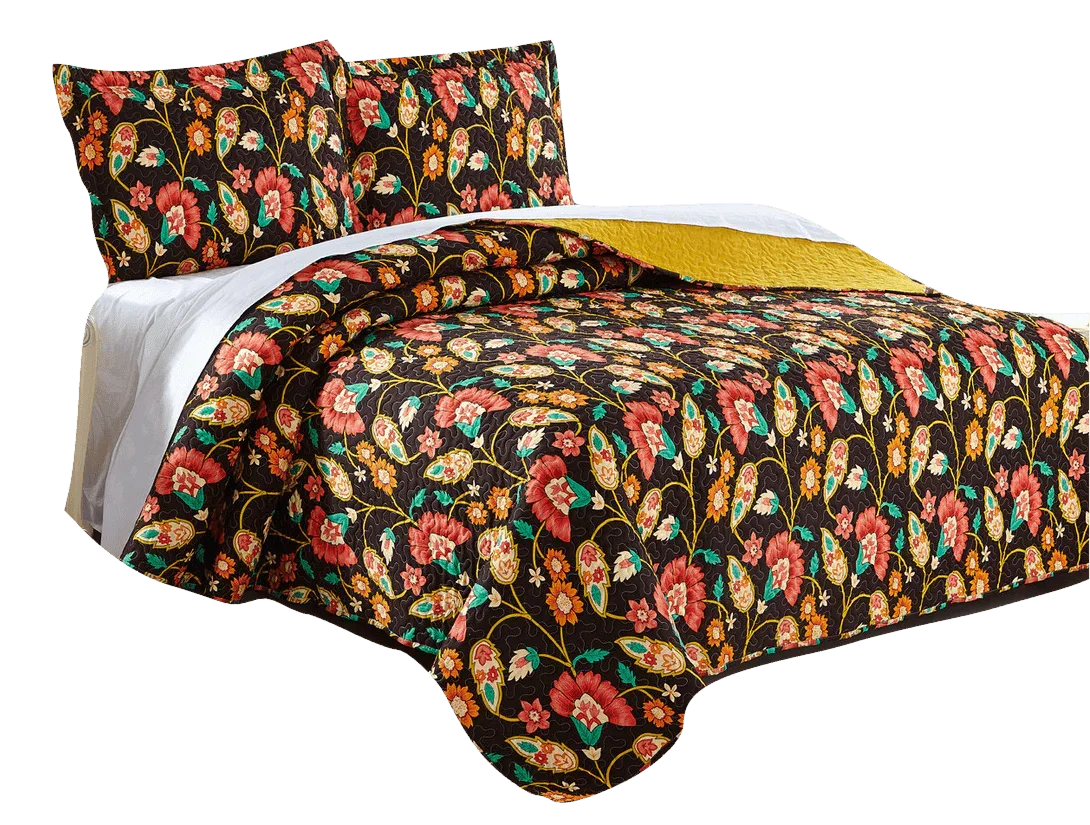 DaDa Bedding Marigold’s Floral Brown Yellow Botanical Garden Quilted Bedspread Set (HS-3330) DaDalogy Bedding Collection
