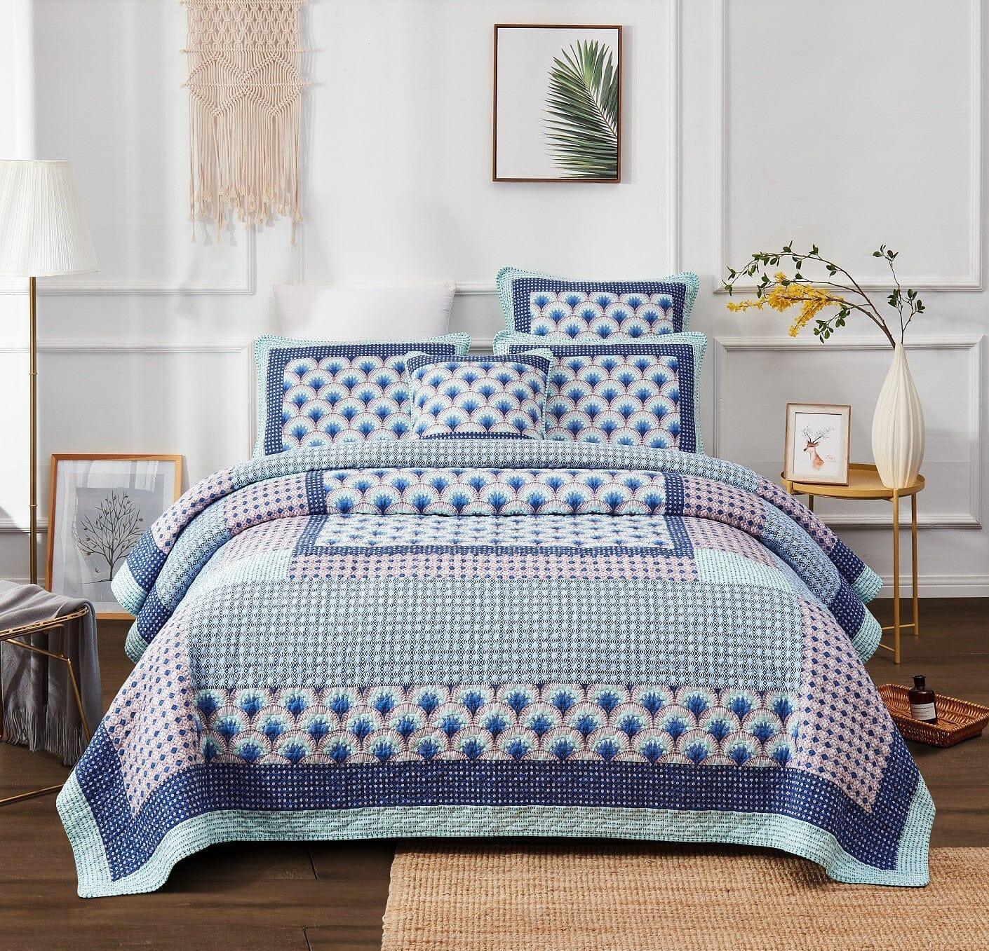 DaDa Bedding Mediterranean Blue Mint Green Patchwork Quilted Bedspread Set (JHW-884) DaDalogy Bedding Collection
