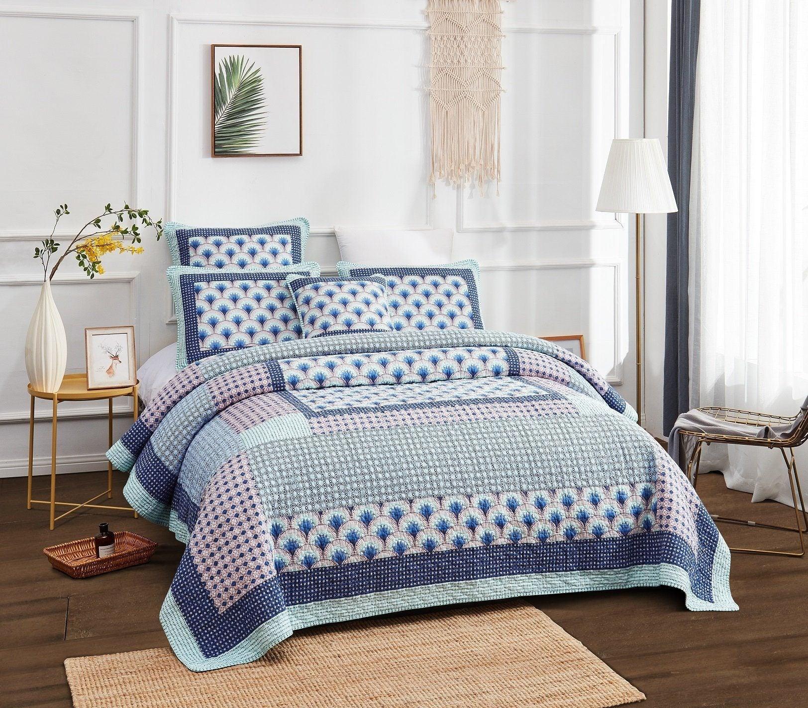 DaDa Bedding Mediterranean Blue Mint Green Patchwork Quilted Bedspread Set (JHW-884) DaDalogy Bedding Collection