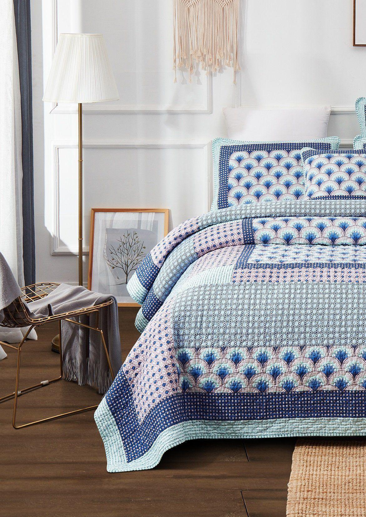 DaDa Bedding Mediterranean Blue Mint Green Patchwork Quilted Bedspread Set (JHW-884) DaDalogy Bedding Collection