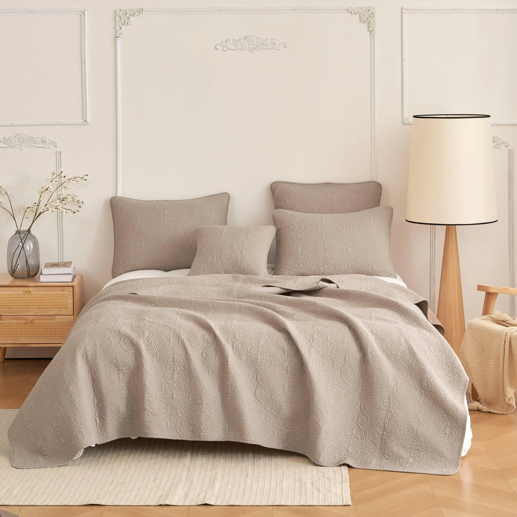 DaDa Bedding Neutral Taupe Beige Sandy Elegant Matelasse Cotton Quilted Bedspread Set (JHW-585) DaDalogy Bedding Collection